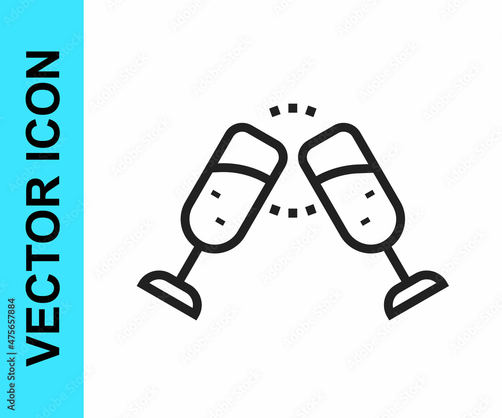 Black line Glass of champagne icon isolated on white background. Merry Christmas and Happy New Year. Vector Black line Glass of champagne icon isolated on white background. Merry Christmas and Happy New Year. Vector