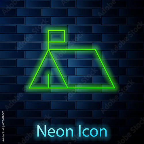 Glowing neon line Protest camp icon isolated on brick wall background. Protesting tent. Vector