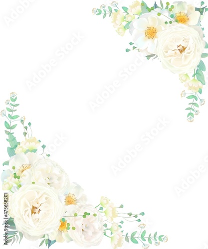 美しい白いバラの花とリーフの招待状縦フレームベクターイラスト素材
