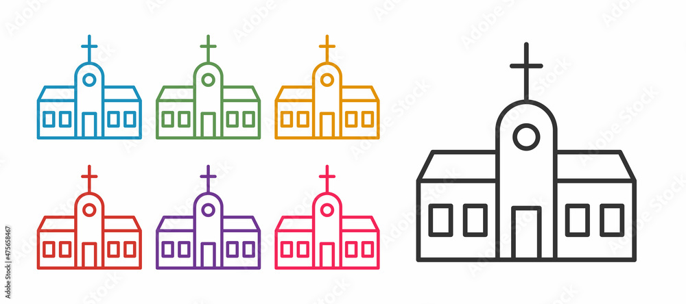 Set line Church building icon isolated on white background. Christian Church. Religion of church. Set icons colorful. Vector