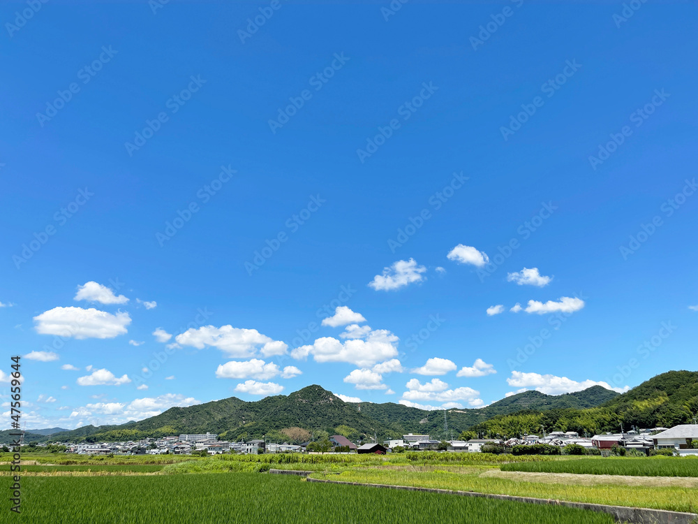 真っ青な透き通った空と草原と山 真っ青な透き通った空と草原と山