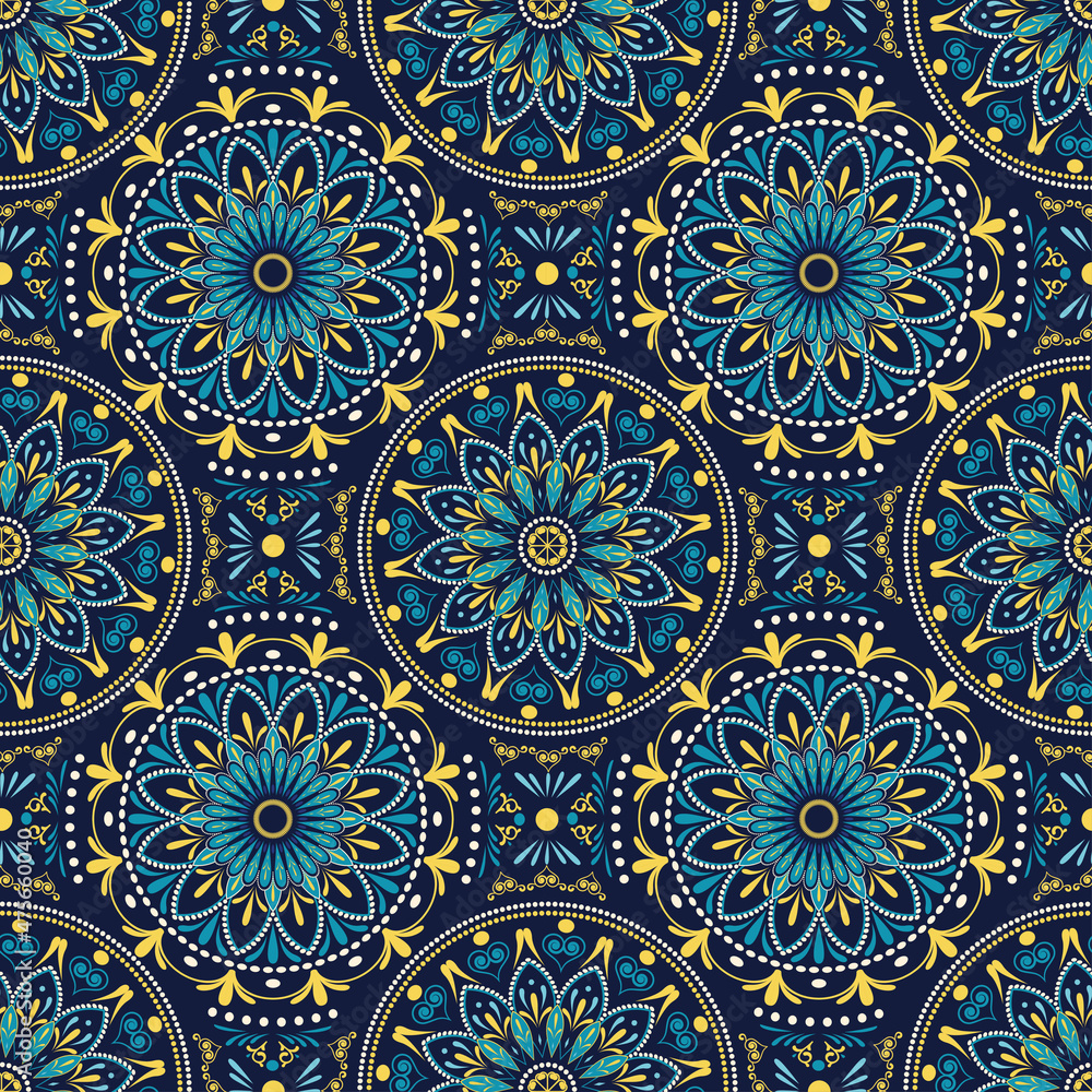 Vector tile pattern, Lisbon flower mosaic, Mediterranean turkish navy blue ornament. For printing, celebrations, postcards. Diwali