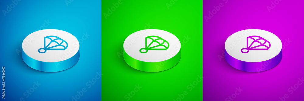 Isometric line Parachute icon isolated on blue, green and purple background. Extreme sport. Sport equipment. White circle button. Vector Isometric line Parachute icon isolated on blue, green and purple background. Extreme sport. Sport equipment. White circle button. Vector