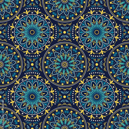Vector tile pattern  Lisbon flower mosaic  Mediterranean turkish navy blue ornament. For printing  celebrations  postcards. Diwali