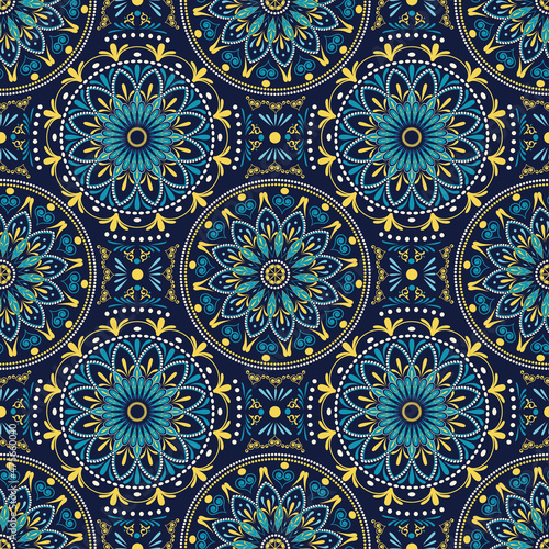 Vector tile pattern, Lisbon flower mosaic, Mediterranean turkish navy blue ornament. For printing, celebrations, postcards. Diwali