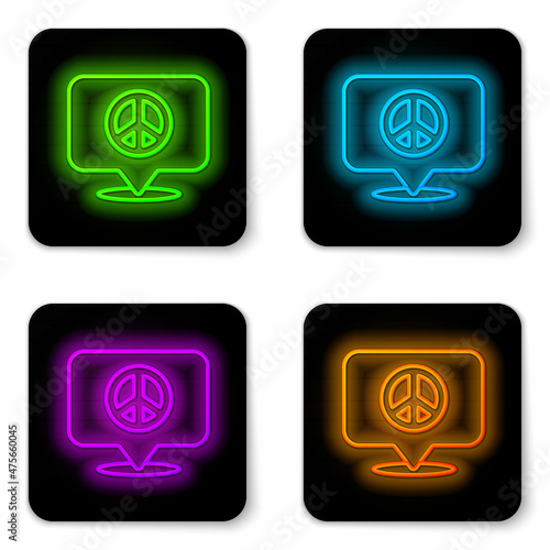Glowing neon line Location peace icon isolated on white background. Hippie symbol of peace. Black square button. Vector