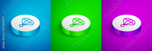 Isometric line Parachute icon isolated on blue, green and purple background. Extreme sport. Sport equipment. White circle button. Vector