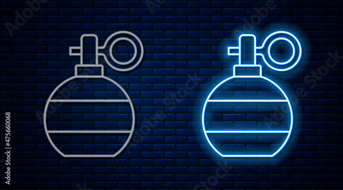 Glowing neon line Hand grenade icon isolated on brick wall background. Bomb explosion. Vector