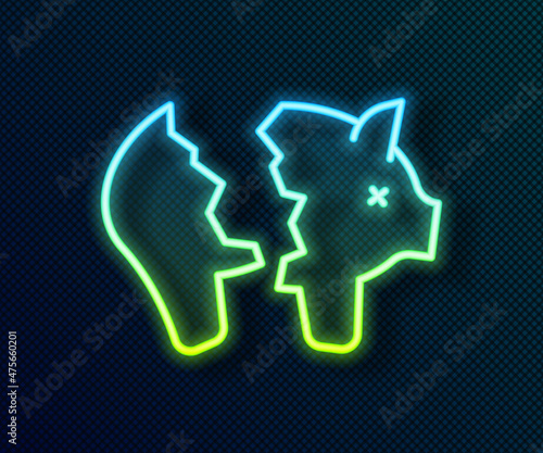 Glowing neon line Broken piggy bank icon isolated on black background. Icon saving or accumulation of money, investment. Vector