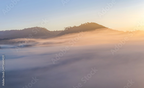 landscape amazing fog falls landscape over mountain in thailand.