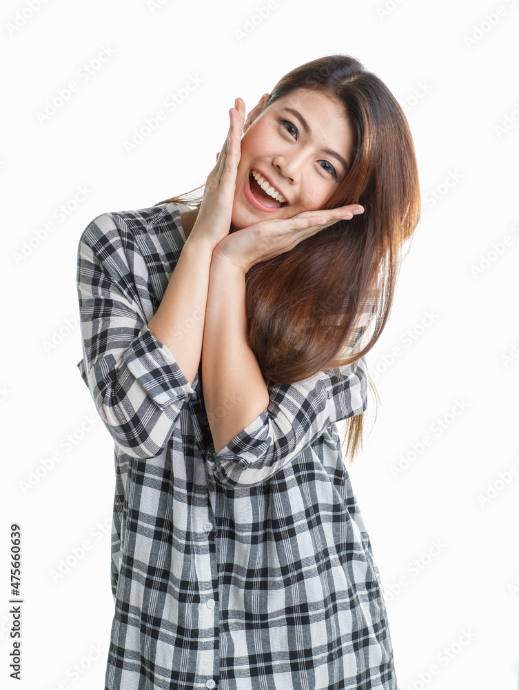 Portrait isolated closeup studio shot of Asian happy cheerful beautiful pretty long hair female model in black and gray plaid shirt wearing makeup standing smiling look at camera on white background Portrait isolated closeup studio shot of Asian happy cheerful beautiful pretty long hair female model in black and gray plaid shirt wearing makeup standing smiling look at camera on white background