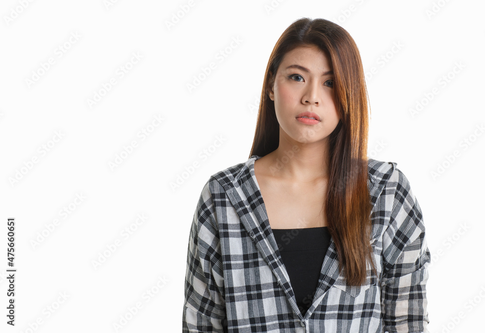 Portrait isolated closeup studio shot of Asian happy thoughtful curious pretty long hair female model in black and gray plaid shirt standing smiling hold finger at head got ideas on white background Portrait isolated closeup studio shot of Asian happy thoughtful curious pretty long hair female model in black and gray plaid shirt standing smiling hold finger at head got ideas on white background
