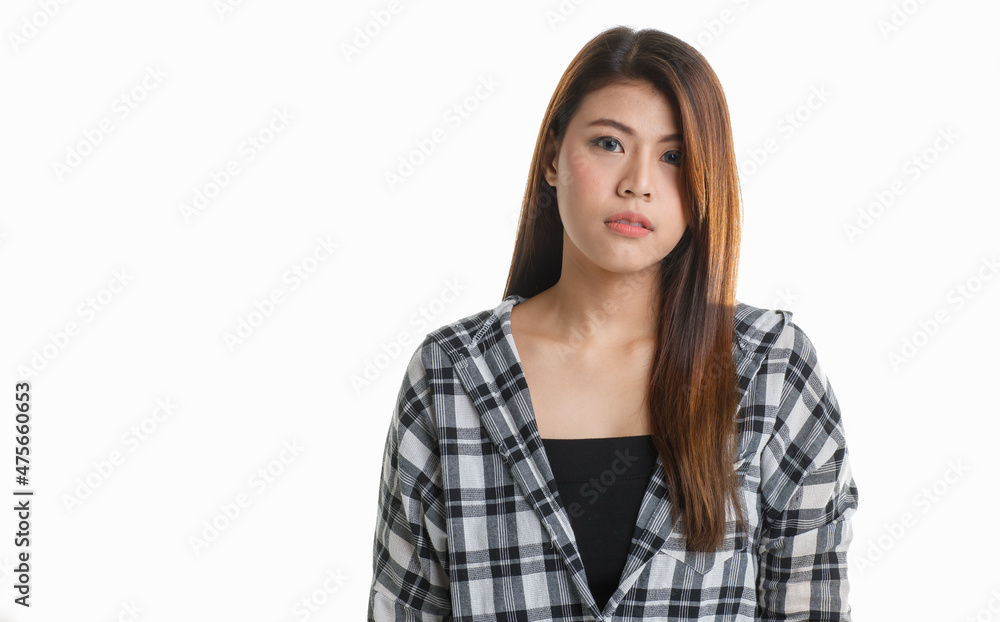 Portrait isolated closeup studio shot of Asian happy thoughtful curious pretty long hair female model in black and gray plaid shirt standing smiling hold finger at head got ideas on white background Portrait isolated closeup studio shot of Asian happy thoughtful curious pretty long hair female model in black and gray plaid shirt standing smiling hold finger at head got ideas on white background