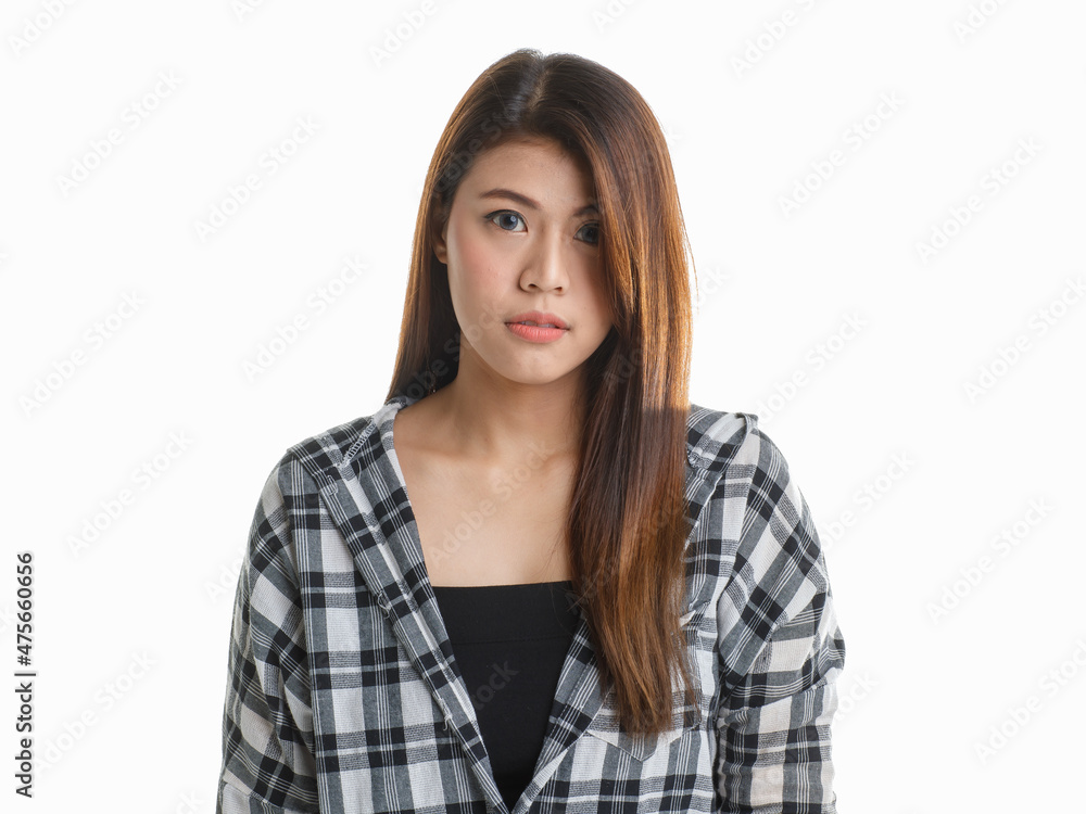 Portrait isolated closeup studio shot of Asian happy thoughtful curious pretty long hair female model in black and gray plaid shirt standing smiling hold finger at head got ideas on white background Portrait isolated closeup studio shot of Asian happy thoughtful curious pretty long hair female model in black and gray plaid shirt standing smiling hold finger at head got ideas on white background