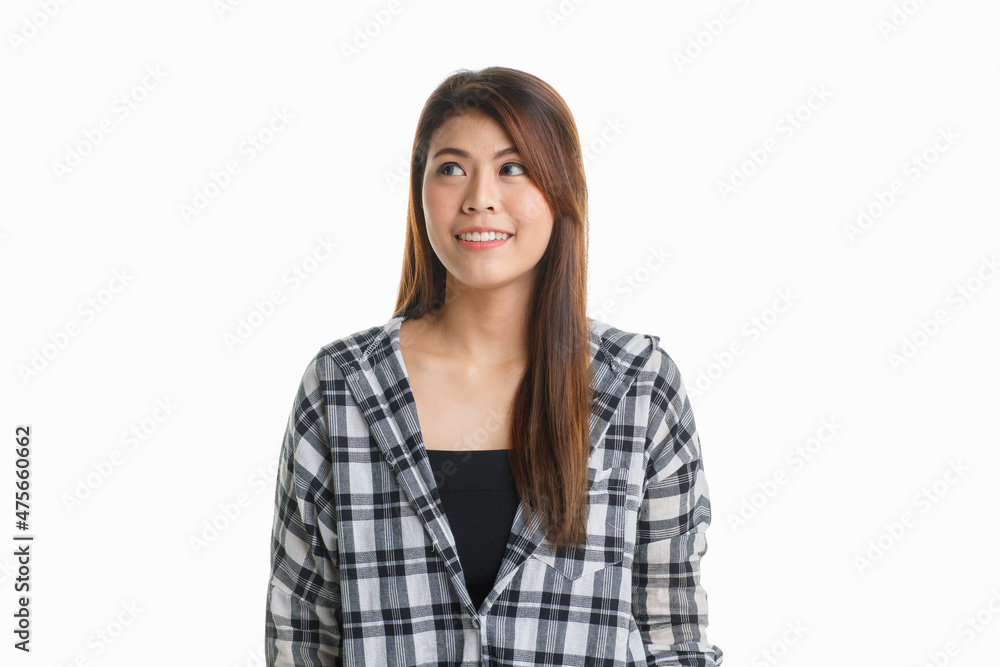 Portrait isolated closeup studio shot of Asian happy thoughtful curious pretty long hair female model in black and gray plaid shirt standing smiling hold finger at head got ideas on white background Portrait isolated closeup studio shot of Asian happy thoughtful curious pretty long hair female model in black and gray plaid shirt standing smiling hold finger at head got ideas on white background