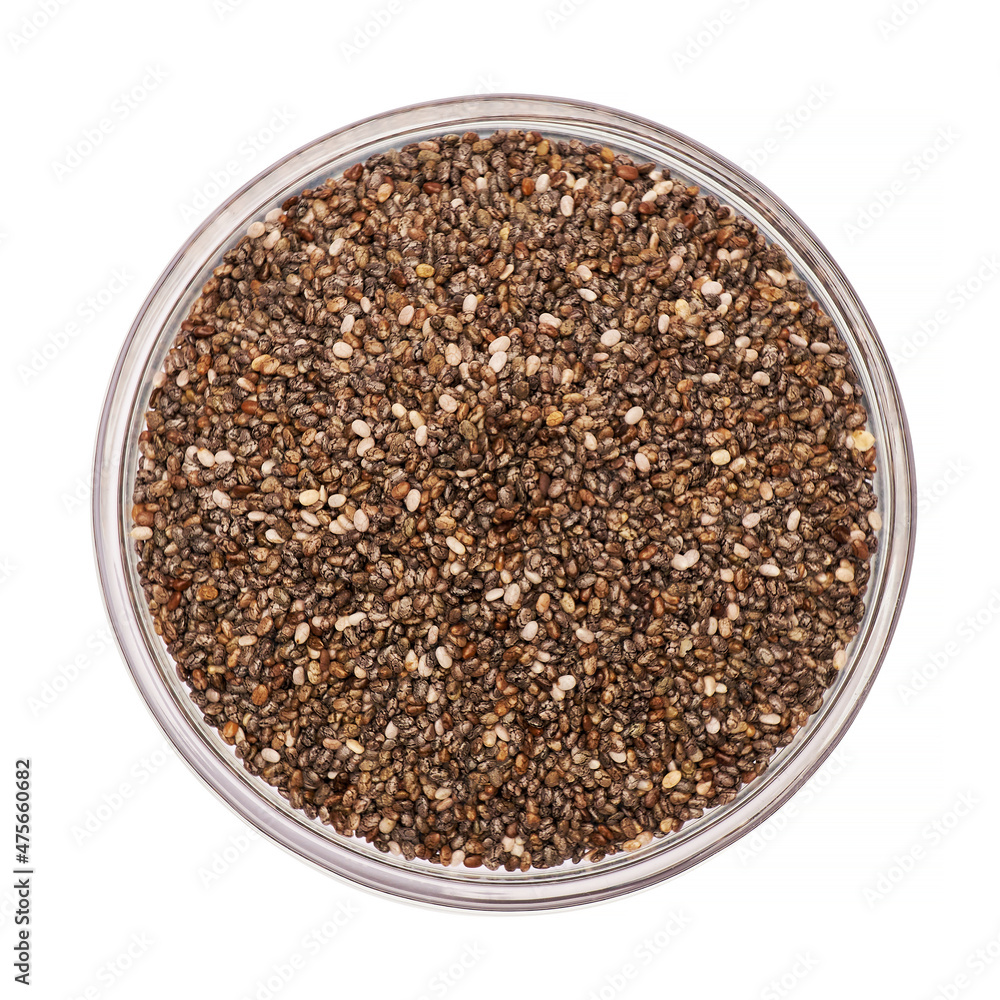 Glass bowl of organic natural chia seeds close-up isolated Glass bowl of organic natural chia seeds close-up isolated