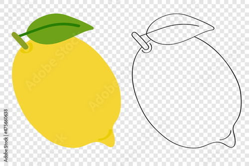 Lemon is a fruit with vitamin C for proper nutrition, vector flat cartoon illustration. Template with color sketch and one line outline drawing for childrens coloring.