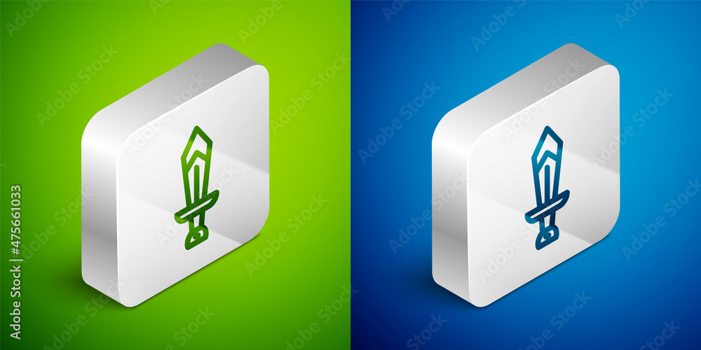 Isometric line Sword for game icon isolated on green and blue background. Silver square button. Vector Isometric line Sword for game icon isolated on green and blue background. Silver square button. Vector