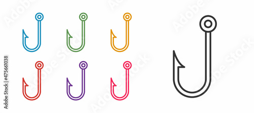 Set line Fishing hook icon isolated on white background. Fishing tackle. Set icons colorful. Vector