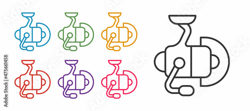 Set line Spinning reel for fishing icon isolated on white background. Fishing coil. Fishing tackle. Set icons colorful. Vector