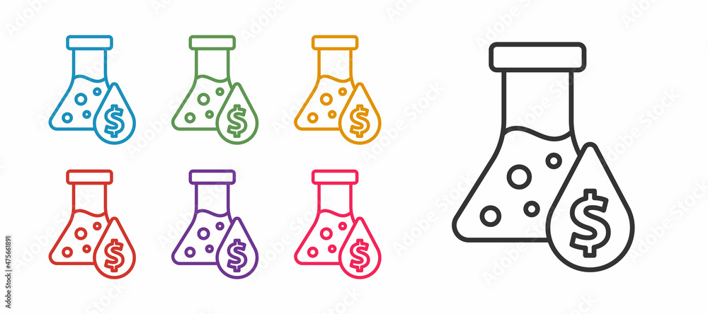 Set line Oil petrol test tube icon isolated on white background. Cmemistry flask and falling drop. Set icons colorful. Vector Set line Oil petrol test tube icon isolated on white background. Cmemistry flask and falling drop. Set icons colorful. Vector