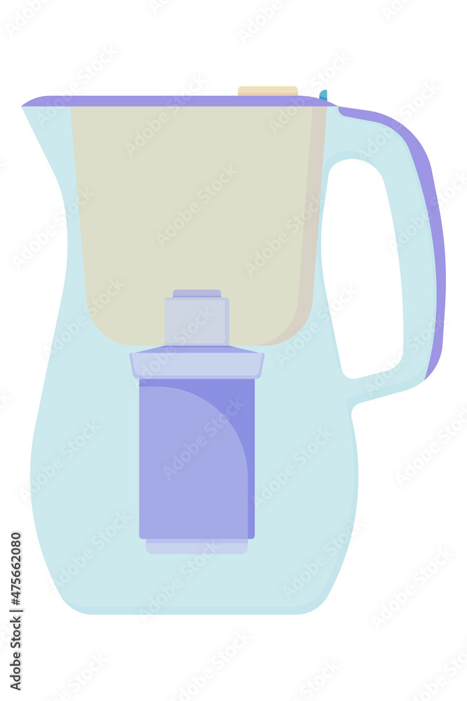 Plastic jug for water filtration with a carbon filter, with a compartment for tap water. Vector illustration Plastic jug for water filtration with a carbon filter, with a compartment for tap water. Vector illustration