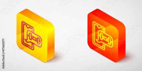 Isometric line Fitness app for sports icon isolated on grey background. Healthcare mobile app concept. Online fitness or mobile trainer. Yellow and orange square button. Vector