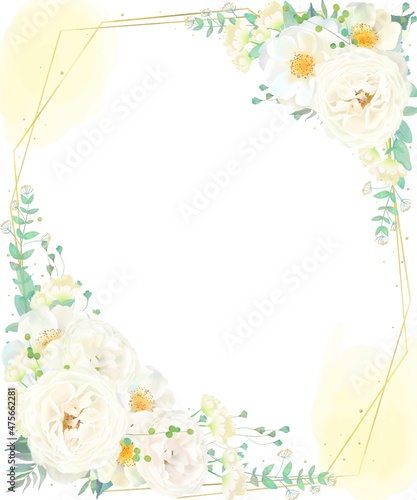 美しい白いバラの花とリーフの招待状縦ゴールド水彩画風フレームベクターイラスト素材
