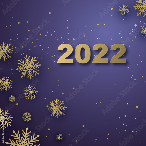 Postcard, invitation Happy New Year 2022 and Merry Christmas. Snowflakes and confetti on a lilac background. Vector
