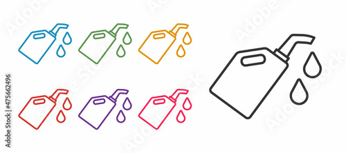 Set line Canister for motor machine oil icon isolated on white background. Oil gallon. Oil change service and repair. Set icons colorful. Vector