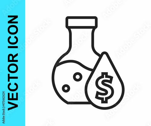 Black line Oil petrol test tube icon isolated on white background. Cmemistry flask and falling drop. Vector