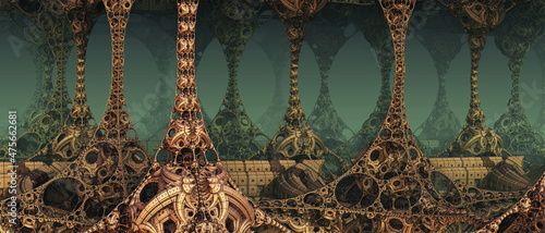 Картината върху платно Abstract background 3D, fantastic ancient civilization architecture, gold green color render illustration