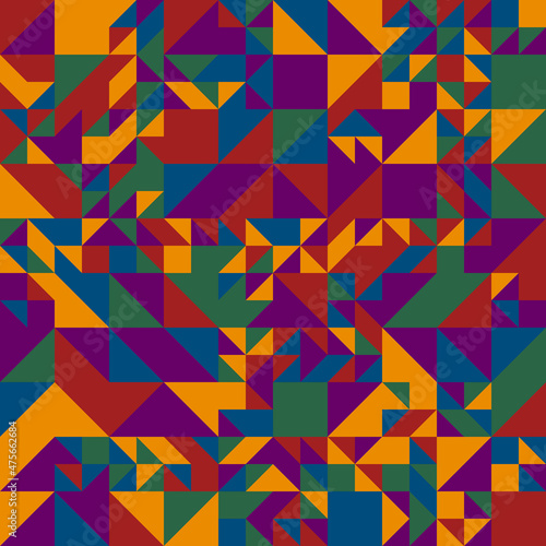 Patr  n geom  trico abstracto consistente en formas b  sicas triangulares y cuadradas de colores oscuros y tama  os variados.