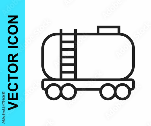 Black line Oil railway cistern icon isolated on white background. Train oil tank on railway car. Rail freight. Oil industry. Vector