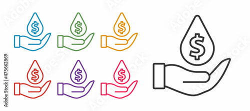 Set line Oil drop with dollar symbol icon isolated on white background. Oil price. Oil and petroleum industry. Set icons colorful. Vector