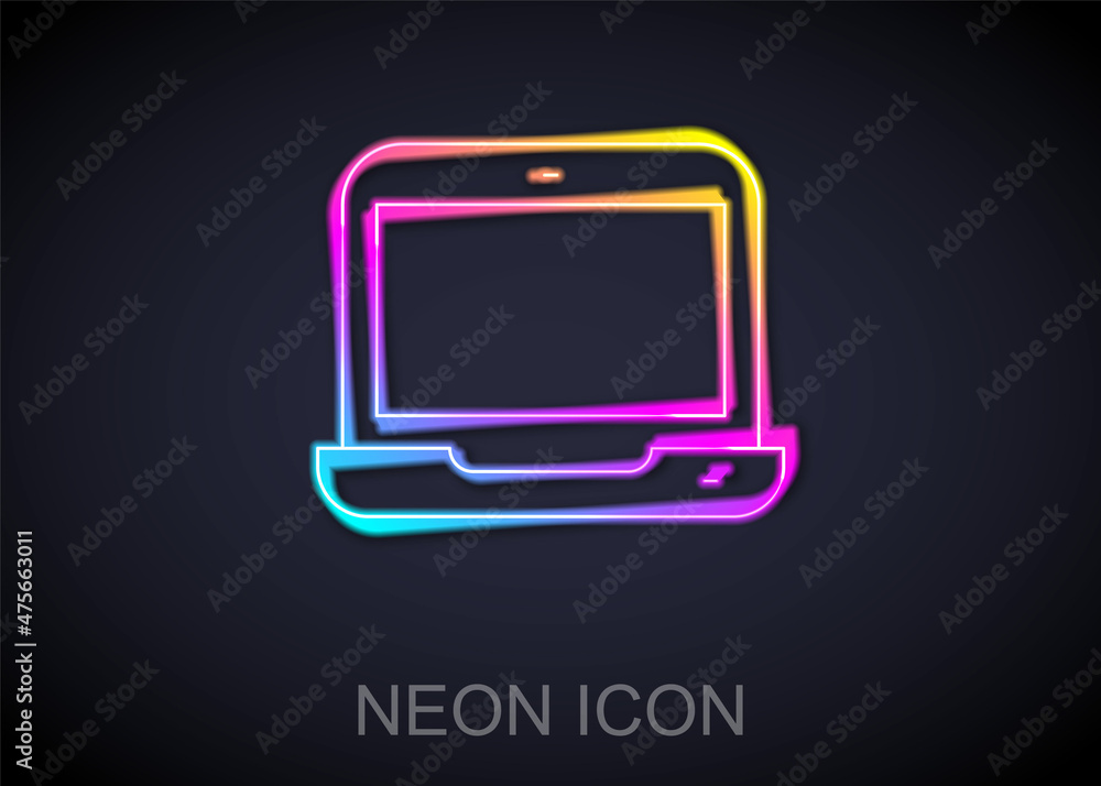 Glowing neon line Laptop icon isolated on black background. Computer notebook with empty screen sign. Vector Glowing neon line Laptop icon isolated on black background. Computer notebook with empty screen sign. Vector