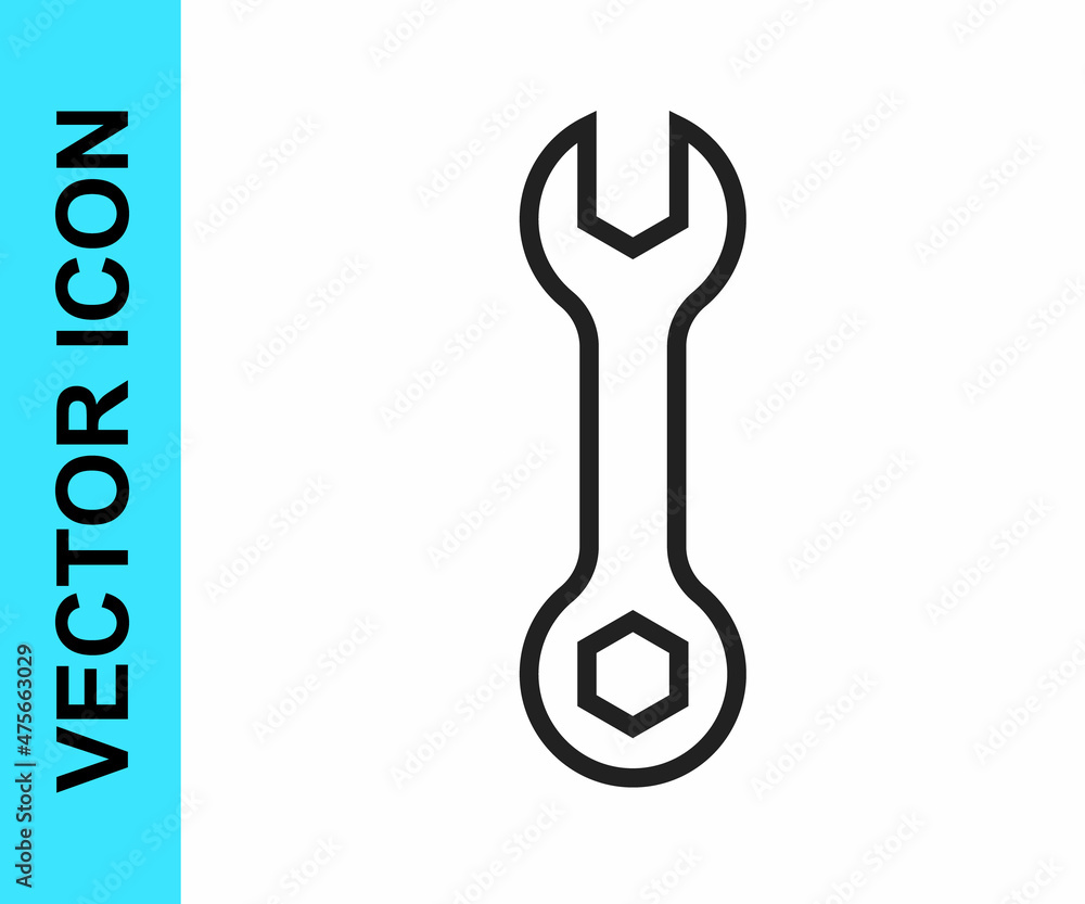 Black line Wrench spanner icon isolated on white background. Spanner repair tool. Service tool symbol. Vector Black line Wrench spanner icon isolated on white background. Spanner repair tool. Service tool symbol. Vector