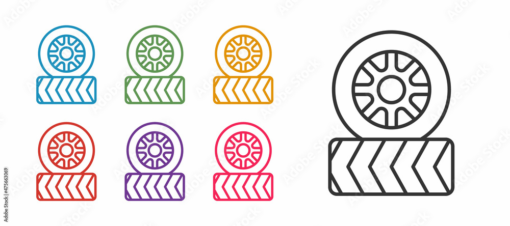 Set line Car tire wheel icon isolated on white background. Set icons colorful. Vector