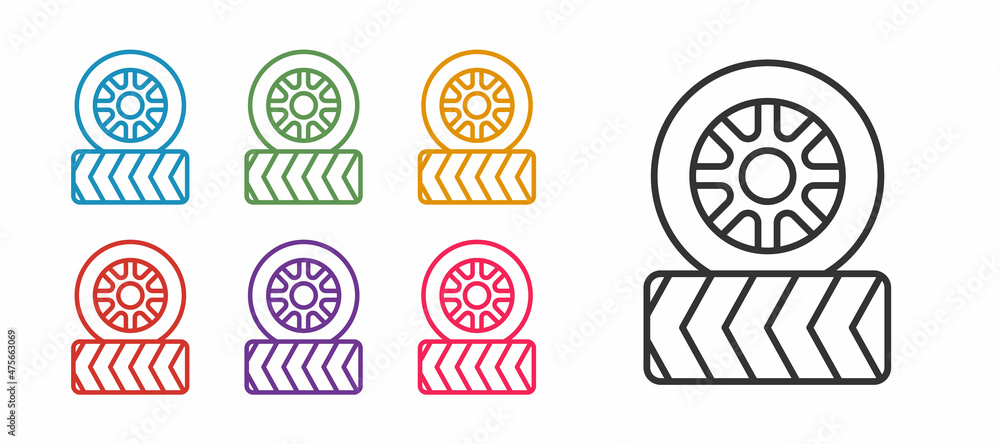 Set line Car tire wheel icon isolated on white background. Set icons colorful. Vector Set line Car tire wheel icon isolated on white background. Set icons colorful. Vector