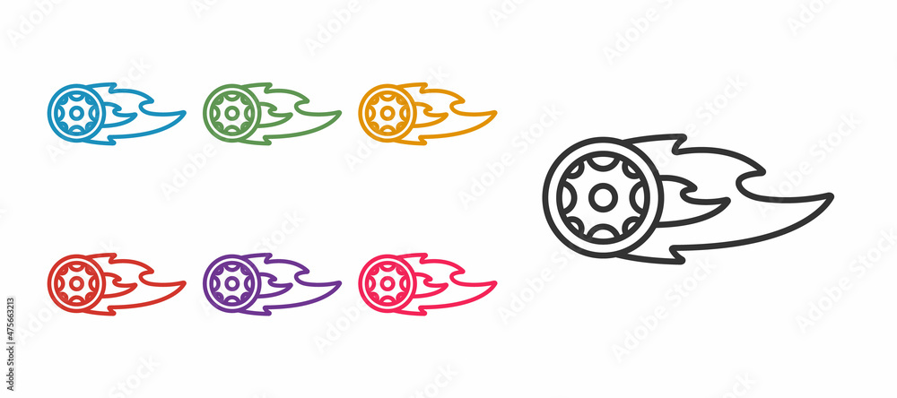 Set line Wheel in fire flame icon isolated on white background. Burning wheel. Set icons colorful. Vector Set line Wheel in fire flame icon isolated on white background. Burning wheel. Set icons colorful. Vector