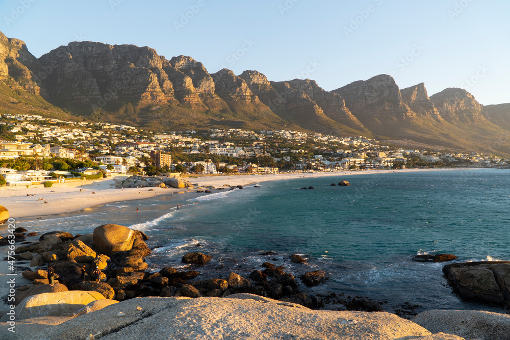 Fototapeta premium Idyllic Camps Bay beach and Table Mountain in Cape Town, South Africa