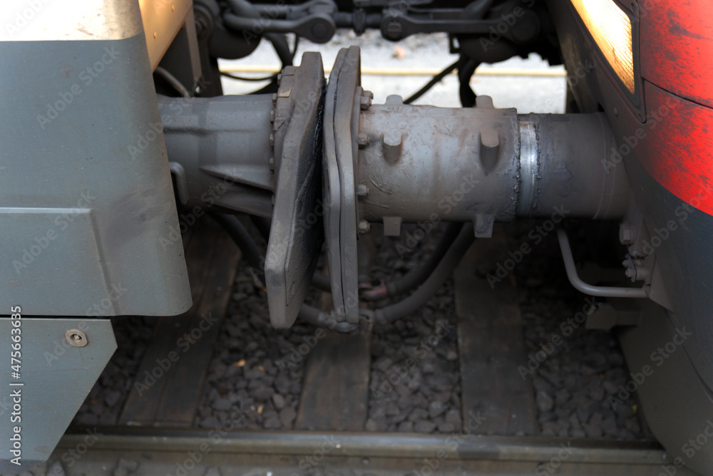 Close-up of train coupling at railway station on a foggy winter day. Photo taken December 17th, 2021, Zurich, Switzerland. Close-up of train coupling at railway station on a foggy winter day. Photo taken December 17th, 2021, Zurich, Switzerland.