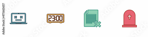 Set Dead laptop, Digital alarm clock, Delete file document and Tombstone with cross icon. Vector