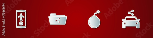 Set Flight mode in the mobile, Share folder, Bomb ready to explode and Car sharing icon. Vector