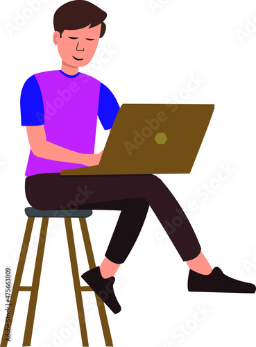 Vector of young man sitting on the stool with a laptop on the lap. Young boy working with a laptop at home or office. Illustration of professional working person isolated in white background