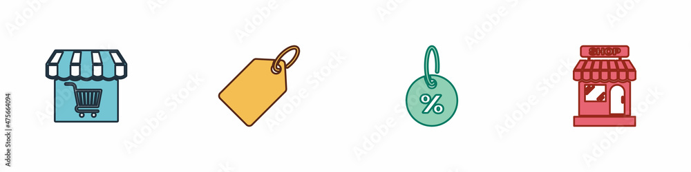 Set Market store with shopping cart, Label template price tag, Discount percent and icon. Vector Set Market store with shopping cart, Label template price tag, Discount percent and icon. Vector