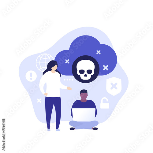 malware in cloud, virus vector illustration with people