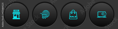 Set Market store, Shopping cart with globe, bag Sale and on laptop icon. Vector