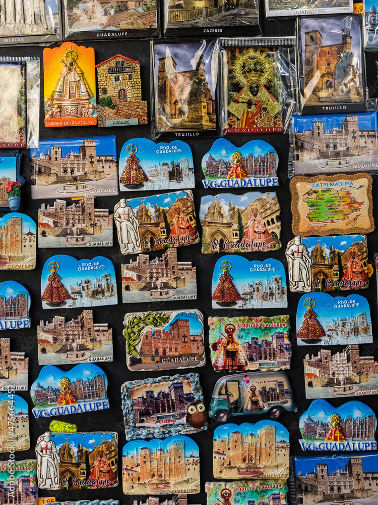 souvenirs for sale in a street stall in the town of Guadalupe, Caceres