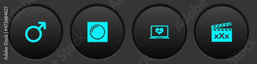 Set Male gender symbol, Condom in package, Laptop with 18 plus content and Movie clapper Sex icon. Vector